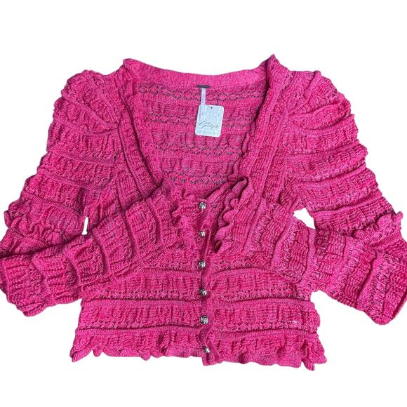 Free People Wild Roses Pink Ruffle Knit Cardigan Sweater NWT Size S Wild Berry - Picture 11 of 11